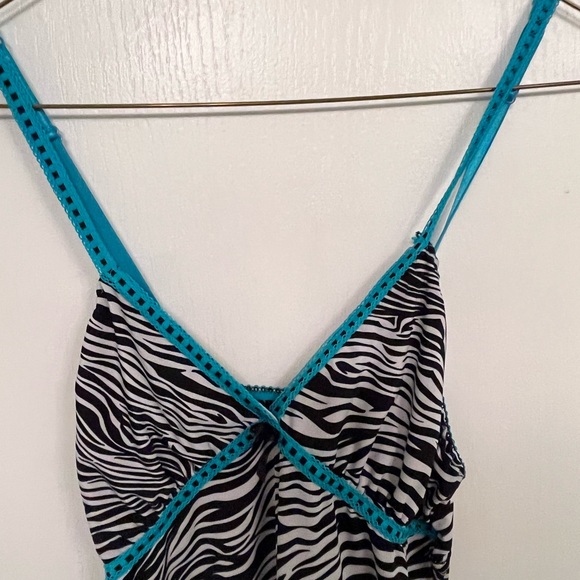 Pucker Up Lacey Zebra Print With Turquoise Blue Lace Trim.  Flouncy Tiered Hem L - Picture 6 of 9
